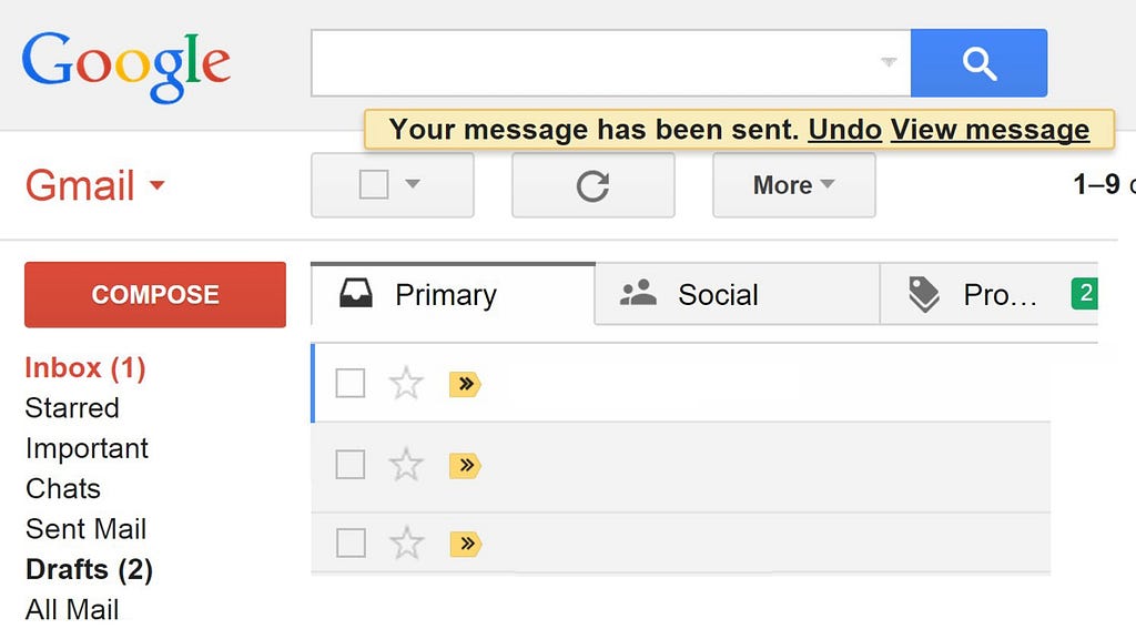 Gmail screen showing the inbox folder with the actions Undo and View message