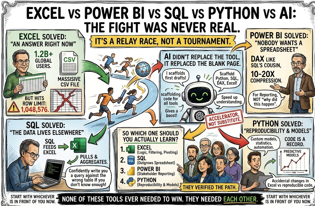 Excel vs Power BI vs SQL vs Python vs AI: The Fight Was Never Real