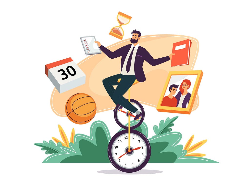 vector image of man riding one wheel clock balancing work and life
