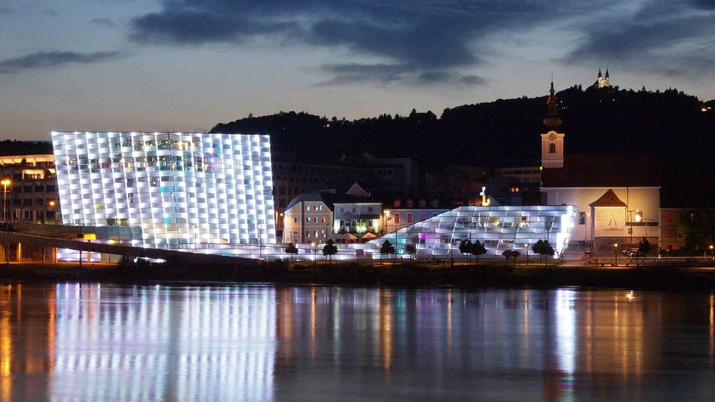 Illuminated building by the sea, by night, in Helsingborg