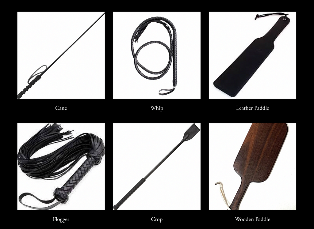 Impact toys (from left to right, top to bottom): Cane, whip, leather paddle, flogger, crop, wooden paddle.