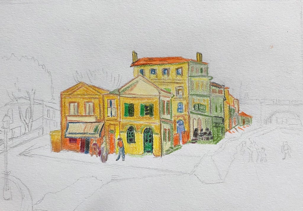 An unfinished drawing of a street corner. Coloured yellow are houses and buildings of different sizes.