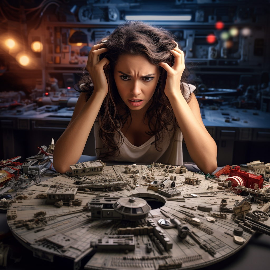 A young woman looking frustrated as she sits in front of a complicated and half-finished lego set.