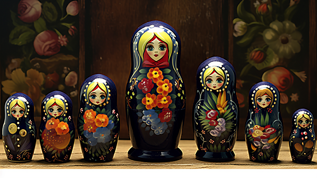 A line of traditional nesting dolls painted with flowers