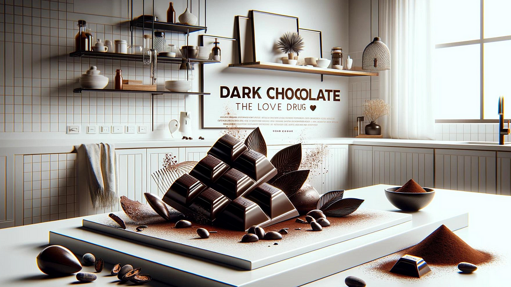 A modern and bright photo-realistic image of dark chocolate pieces arranged on a sleek, white kitchen counter, accompanied by cocoa beans and a light dusting of cocoa powder. The background features contemporary decor elements with minimalist kitchenware and stylish accents. The scene is well-lit with natural and bright artificial light. The text “Dark Chocolate: The Love Drug” is overlaid in an eye-catching, bold font.