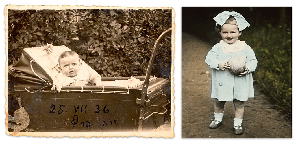 On the left, in a sepia-toned photograph, a baby wearing white peers out of a metal pram. On the right, a smiling toddler wearing a baby blue coat and a very large matching bow holds a ball. The child stands on a dirt path next to green grass.