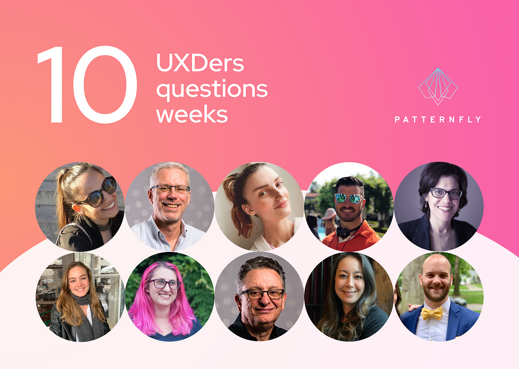 The title card for the “10 UXDers, 10 questions, 10 weeks” series featuring headshots of all 10 contributors.