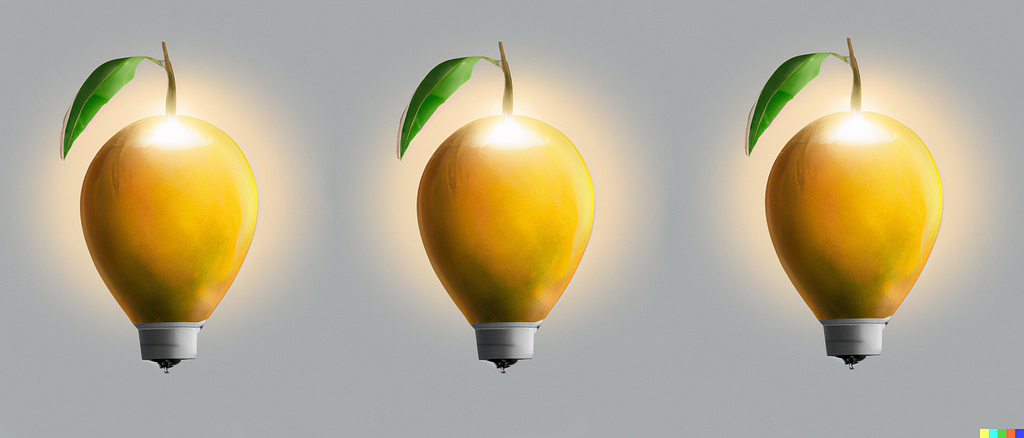 Three lightbulbs shaped like mangoes