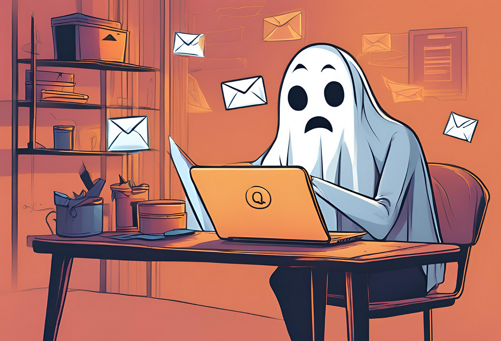 A sheet ghost figure with a sad expression on its face, sitting at a desk in an office, surrounded by floating email envelope symbols.