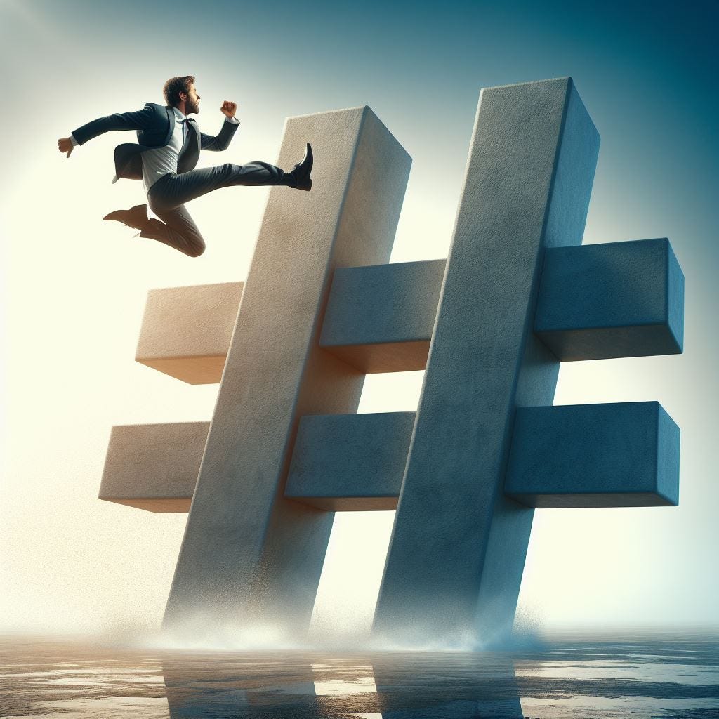 Man jumping backward over a giant hashtag symbol.