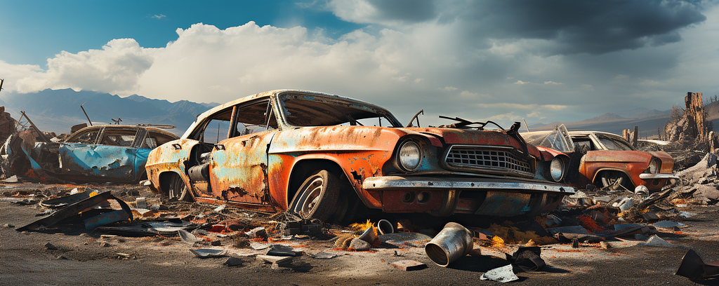 Smashed in rusting cars on a barren wasteland