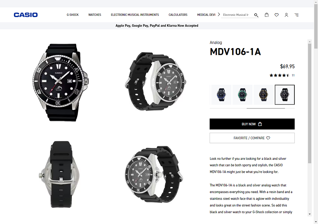 Casio Duro MDV106 watch on the official website