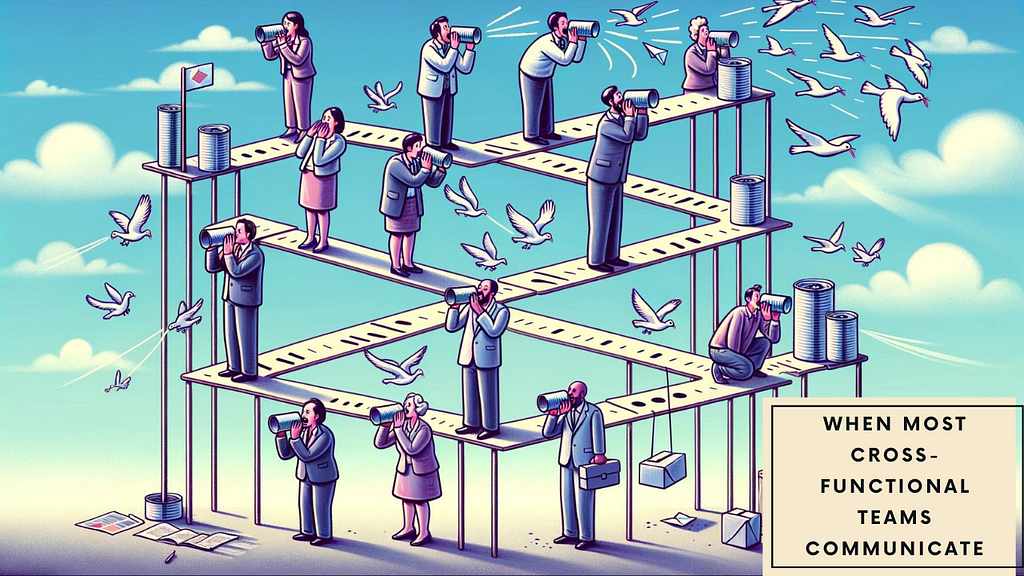 Different members of a team in comical illustration are standing on multi-level platforms shouting using megaphones without an inkling of what anyone else is saying.