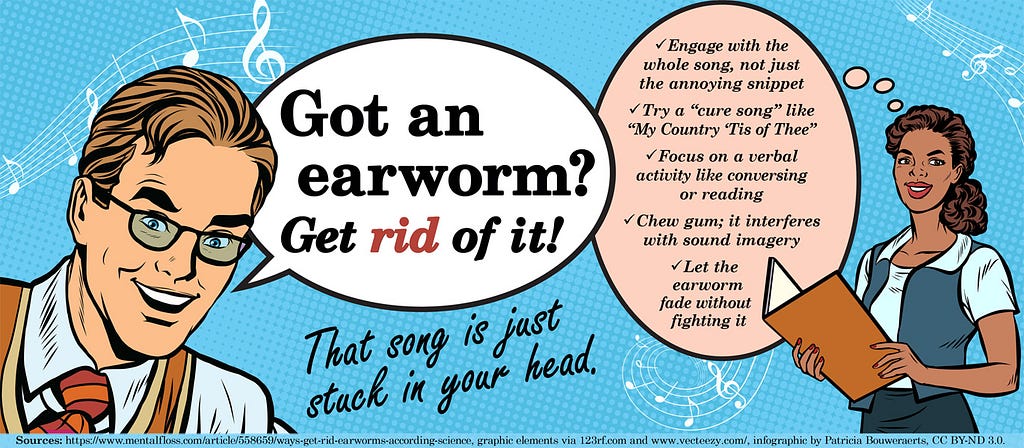 Infographic With Cartoon Illustration of Man and Woman Listing Ways To Get Rid of Earworms