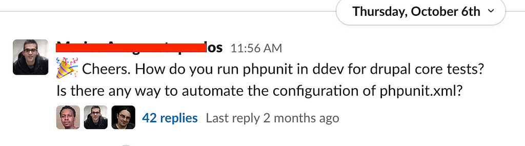 Message from Slack that talks about running PHPUnit tests.