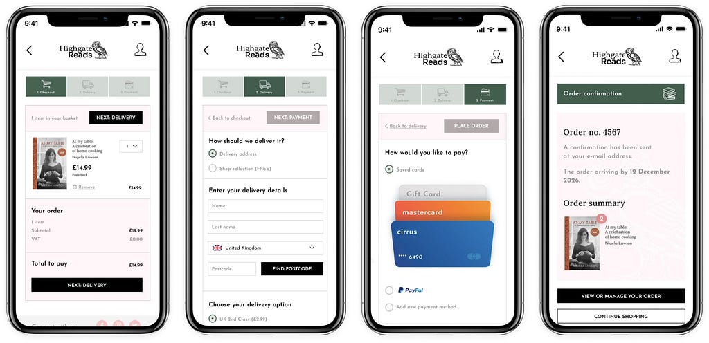 A mobile flow, from checkout to order confirmation