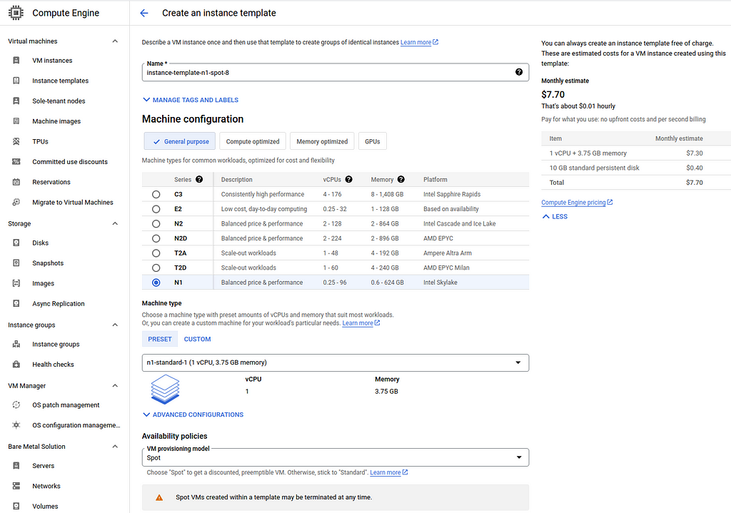 Screenshot of a creation of a new instance template in Google Cloud Console