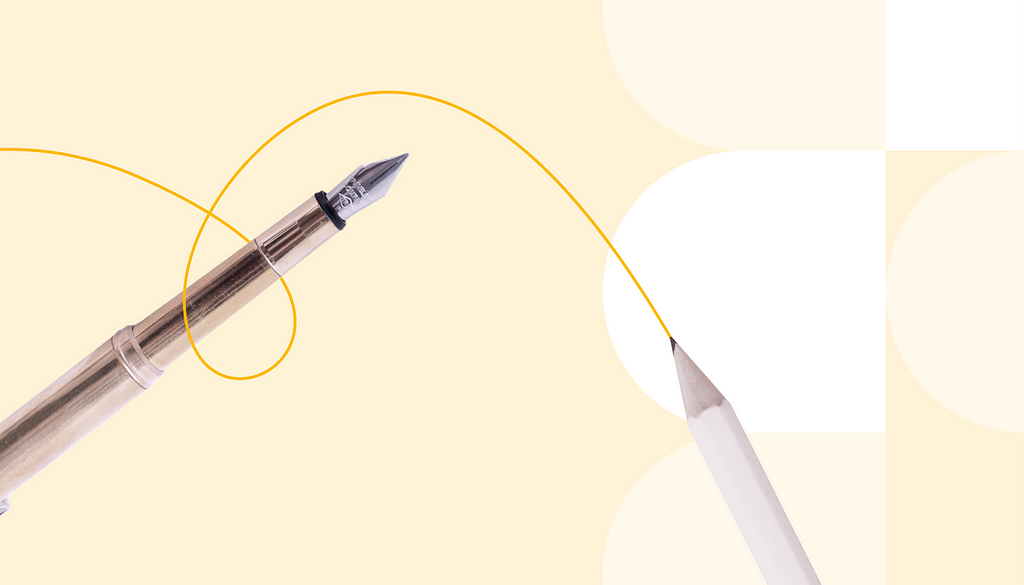 A collage depicting a pen and a pencil surrounded by shapes in warm colours. One of the shape is a logo of Figma — a design online tool.
