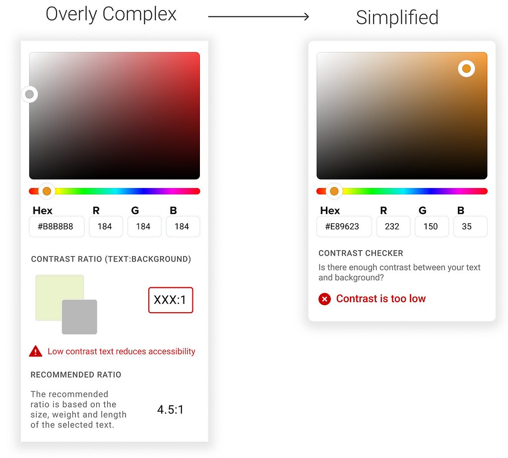 An image showing how we changed the color picker from show contrast ratios  just a color picker to avoid technical jargon.