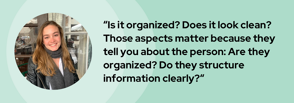 A banner graphic introduces Margot with her headshot and quote, “Is it organized? Does it look clean? Those aspects matter because they tell you about the person: Are they organized? Do they structure information clearly?”