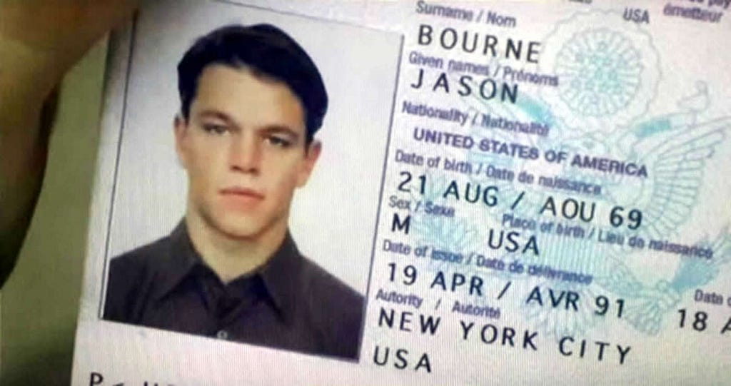 Screenshot of Jason Bourne’s passport in the movie ‘The Bourne Identity’