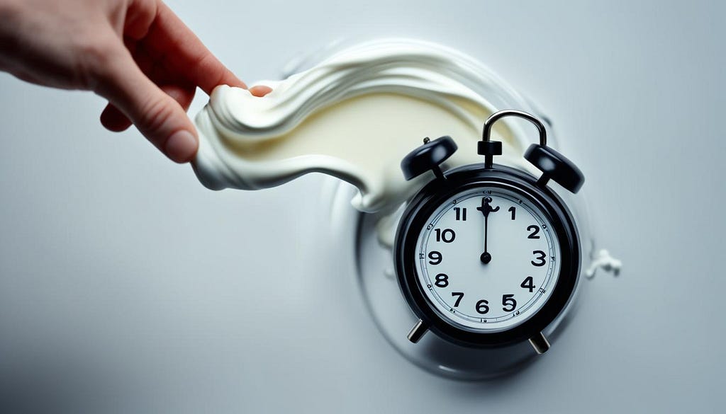 A cup of black coffee with a white swirl of heavy cream on top, surrounded by a stopwatch indicating time in hours and minutes.