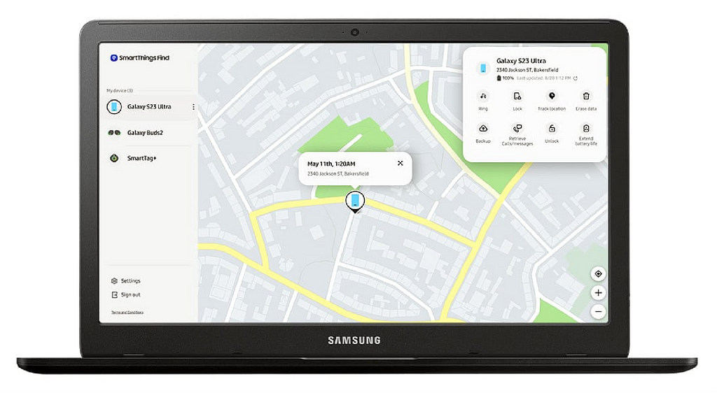 Track a lost Samsung phone’s location on the website page of SmartThings Find.