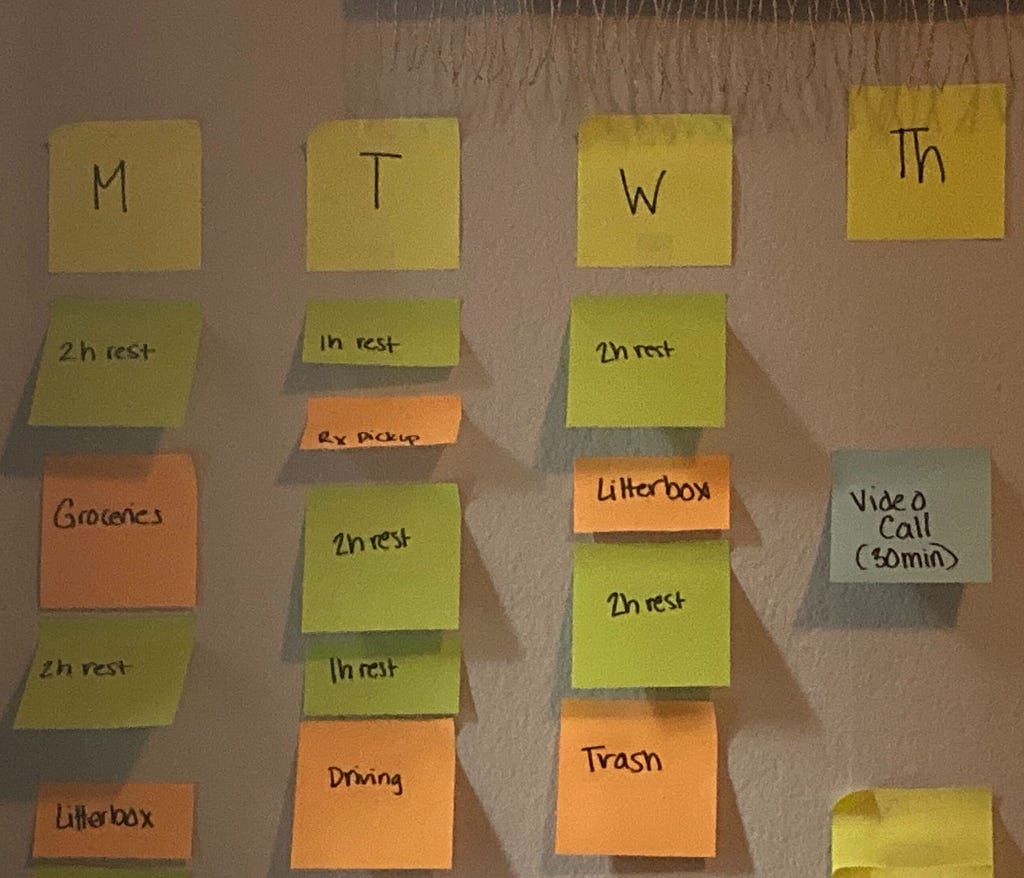 Post-it’s labeled with tasks and rest breaks arranged by day