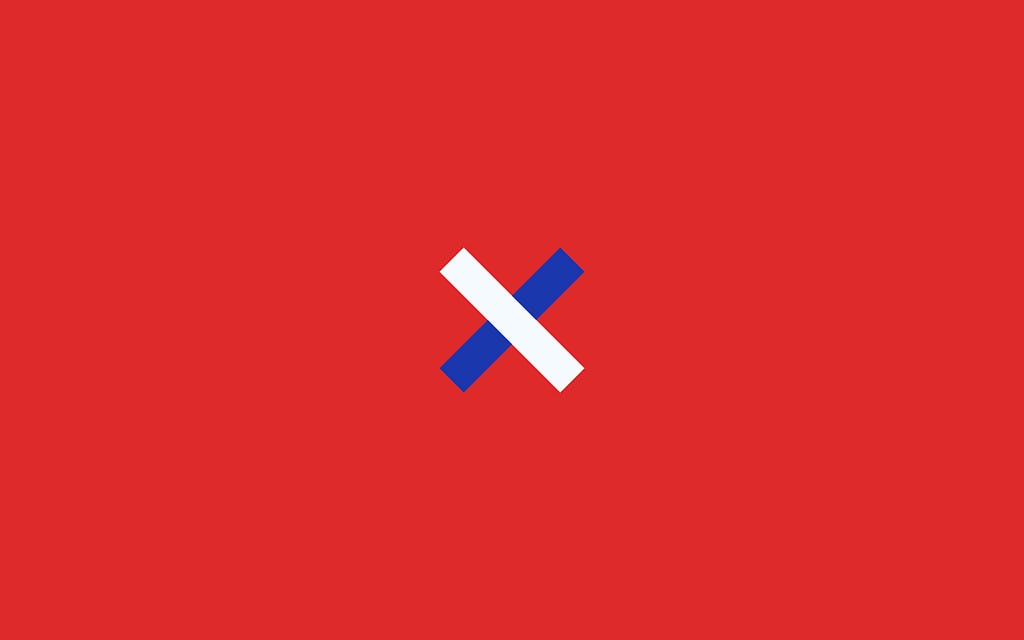 A simple X shape in blue and white on a red background.