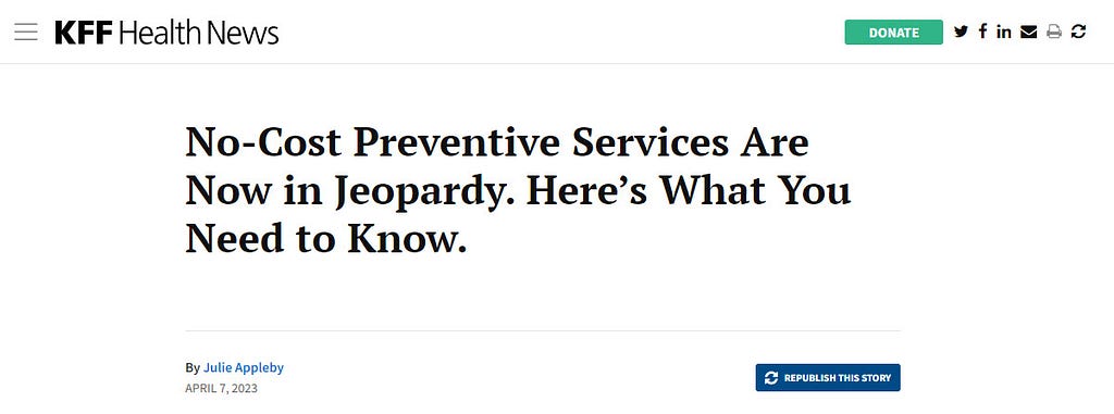 An article describing the pending court case against the preventive services benefit of the Affordable Care Act.