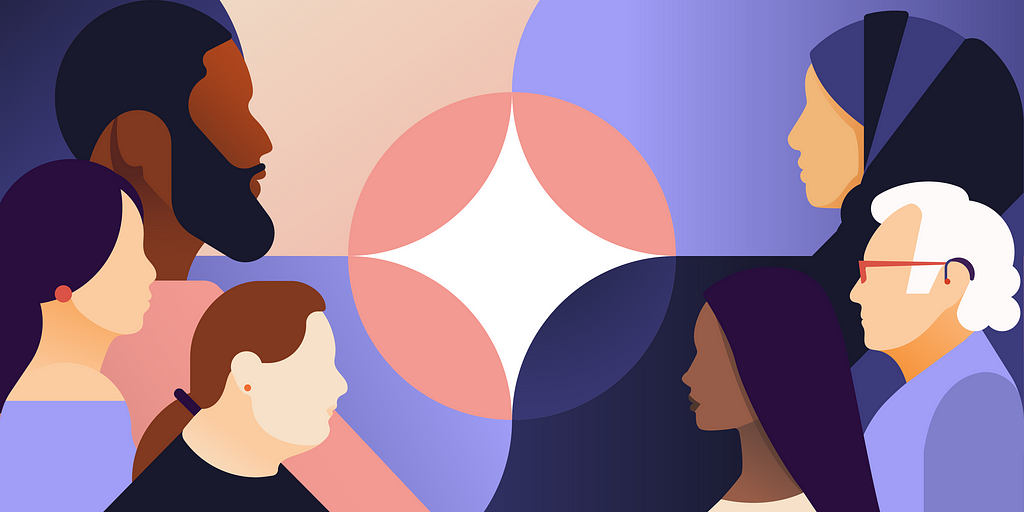 Side profiles of a diverse group of people against a graphic background in pink and blue with a star shape in the middle.