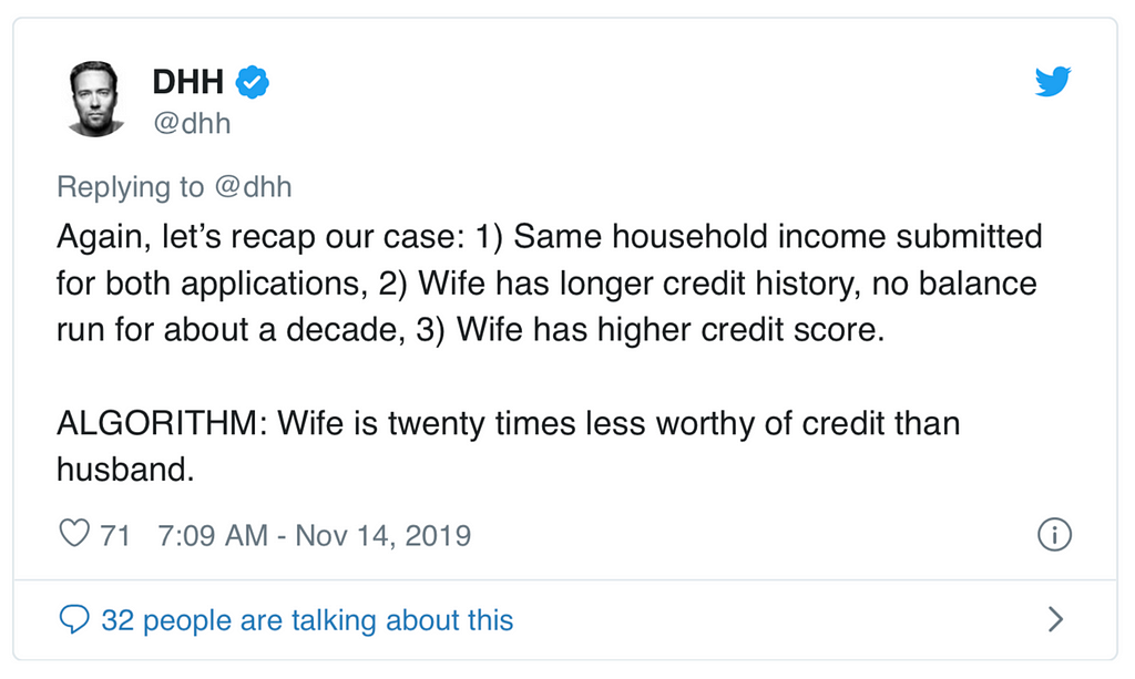 Tweet by @DHH about wife’s credit worthiness