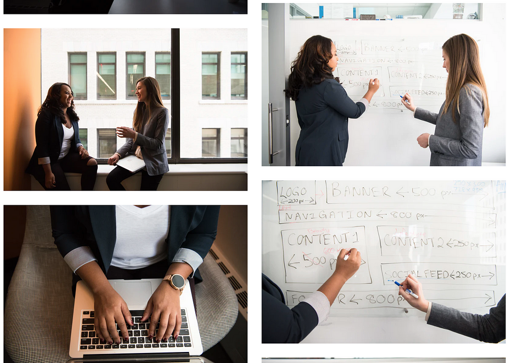 Example of stock photography showing several images of women in business settings writing on whiteboards and typing.