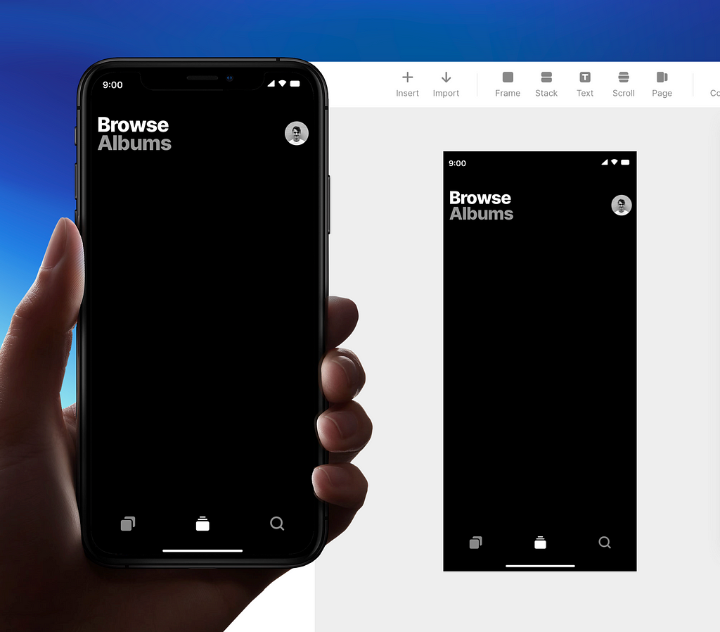 Hand holding phone with a live preview of a Framer prototype