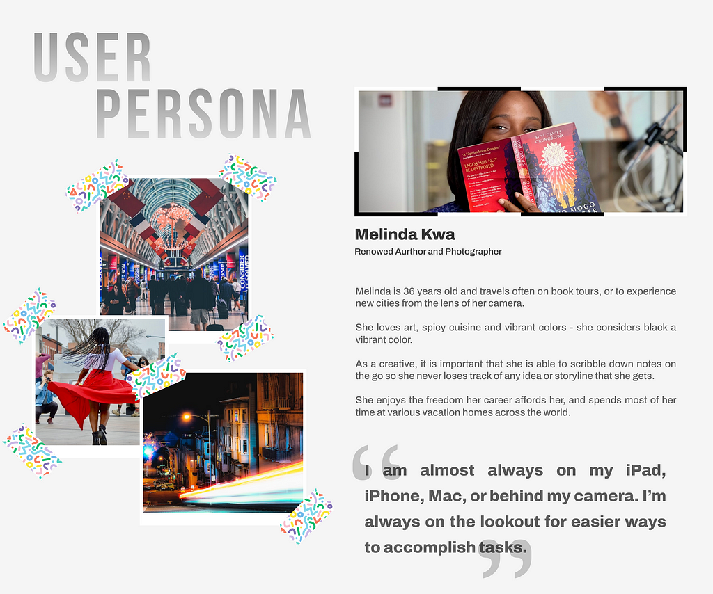 User persona containing a profile image and 3 other images of the persona’s work. Also contains description of the persona and a quote from them.