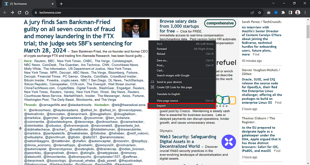 Inspecting the Techmene website