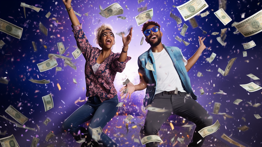 Happy diverse man and woman catching money in outer space