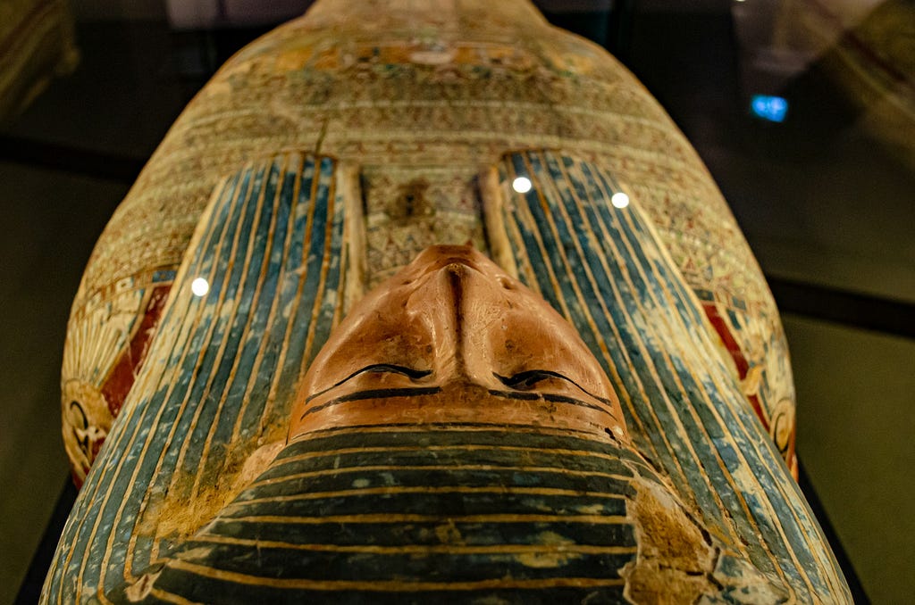 A view of the top of an Ancient Egyptian sarcophagus in the Royal Ontario Museum in Toronto, Canada.