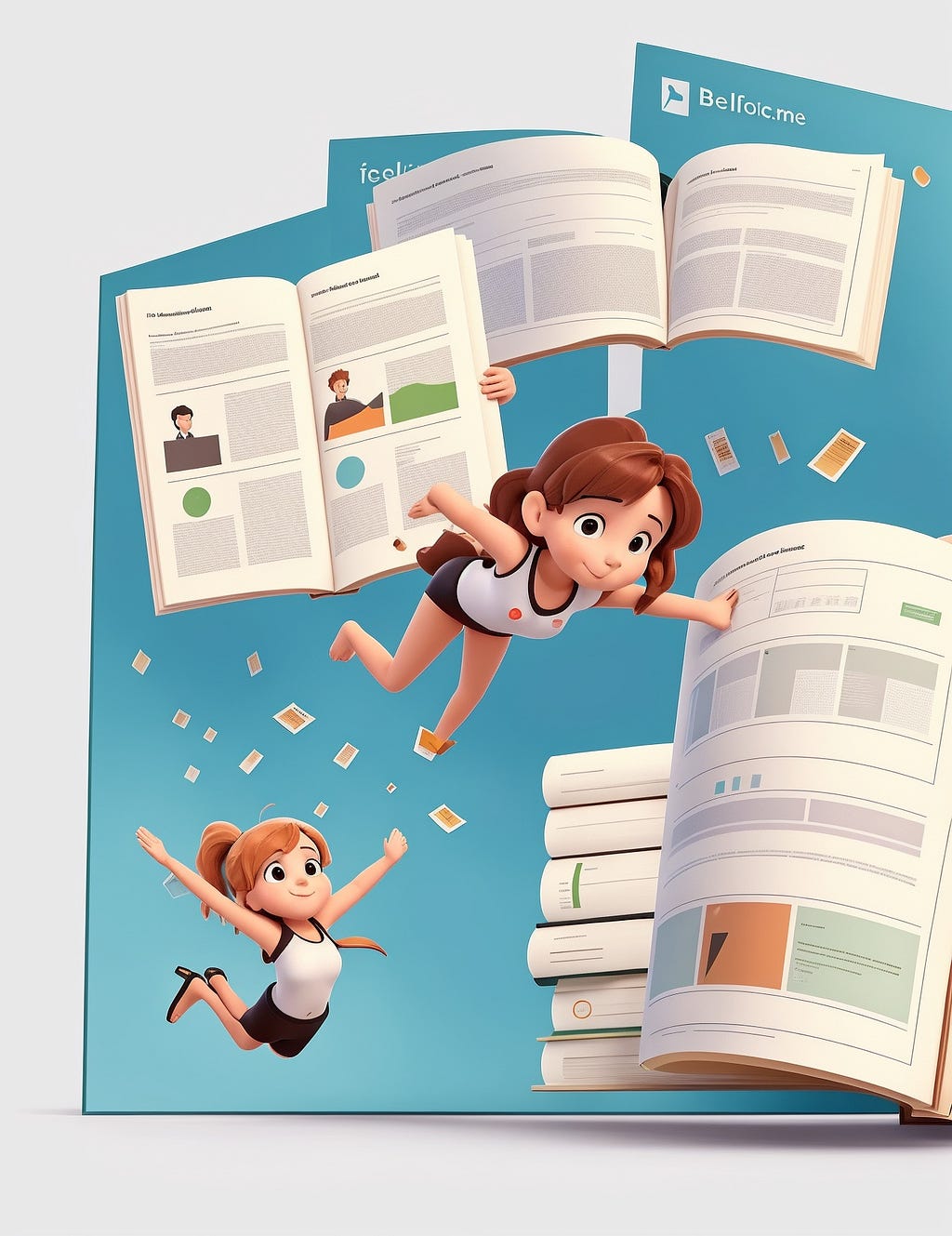 Design an image of a person diving into a pool of documentation pages, with each page representing a different aspect of Salesforce B2C Commerce. Include labels like “API,” “Development,” and “Best Practices.”