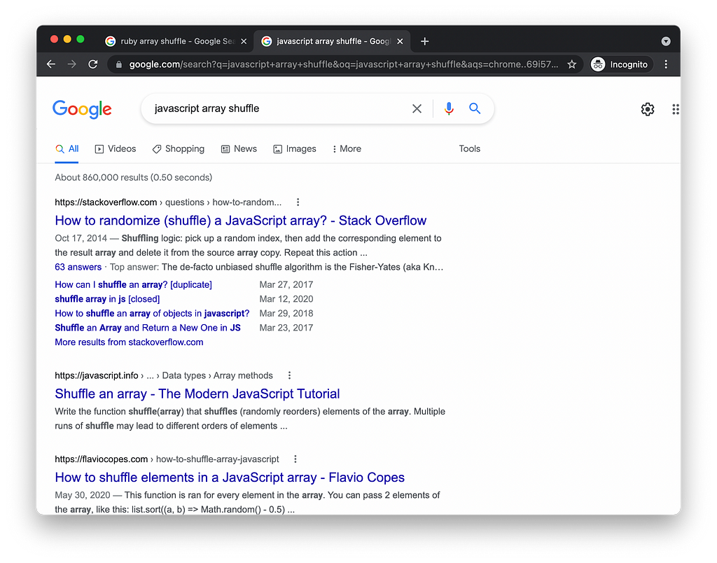 Screenshot of Google search “javascript array shuffle”