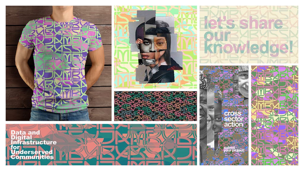Bassajamba logo and branding in a collage of vibrant images including a t-shirt and photomontages of people’s faces. Text in different sections reads: “Let’s share our knowledge”, “Data and Digital Infrastructure for Underserved Communities”, and “Cross sector action”.