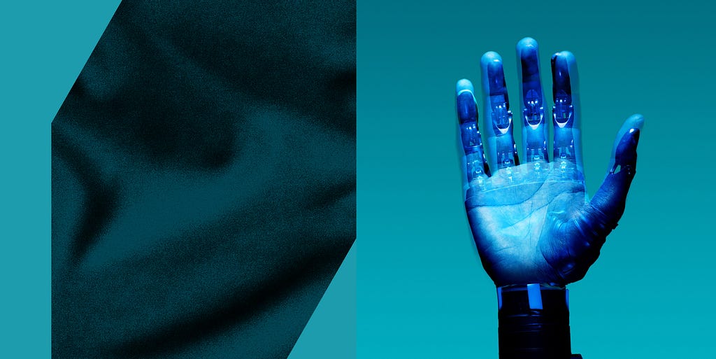 Artificial intelligence becoming more human with an overlay of robot and designer hands