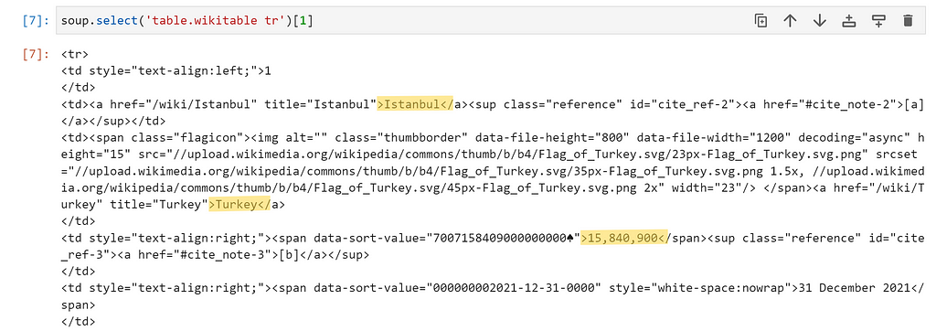 Screenshot of Jupyter notebook with result of soup.select input and highlighting of relevant pieces of output