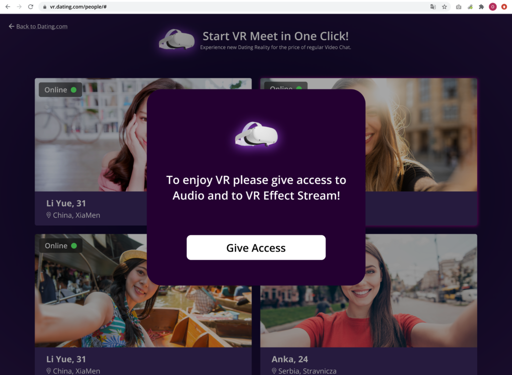Screenshot of a virtual reality dating website Dating.com interface featuring multiple profile thumbnails of people, a video play button with VR headset icon, and a call-to-action button that says “Give Access”. The text on the interface promotes starting a VR meeting and giving access to audio and VR effect stream.