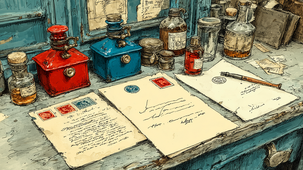 Drawing of three papers on a desk with multiple stamps and signatures