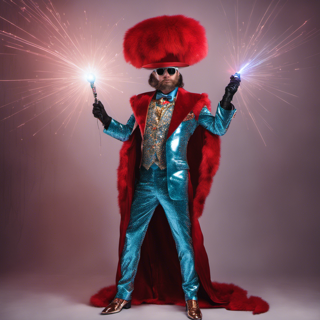 Beaver tail and sapphire hat. Diamond lightning suit and ruby stilletos. Magic wand with emeralds shooting out of it. Laser gloves