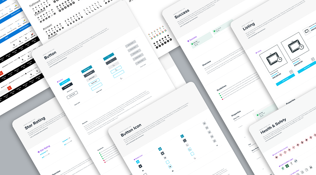 Various screenshots from our Design System showing various components