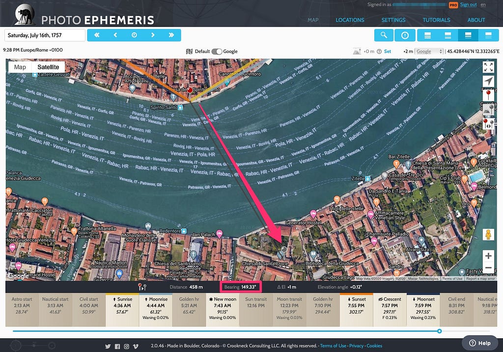 Screenshot from the The Photographer’s Ephemeris showing a map of Venice