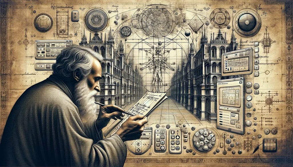 An image merging the past with the future, featuring a da Vinci-like figure engrossed in a device that fuses classical drafting and futuristic technology against a backdrop of architectural and mechanical designs.