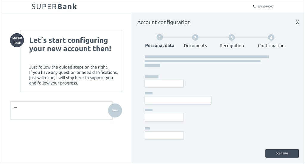 Wireframe of a banking site interface: account configuration, personal data collection.